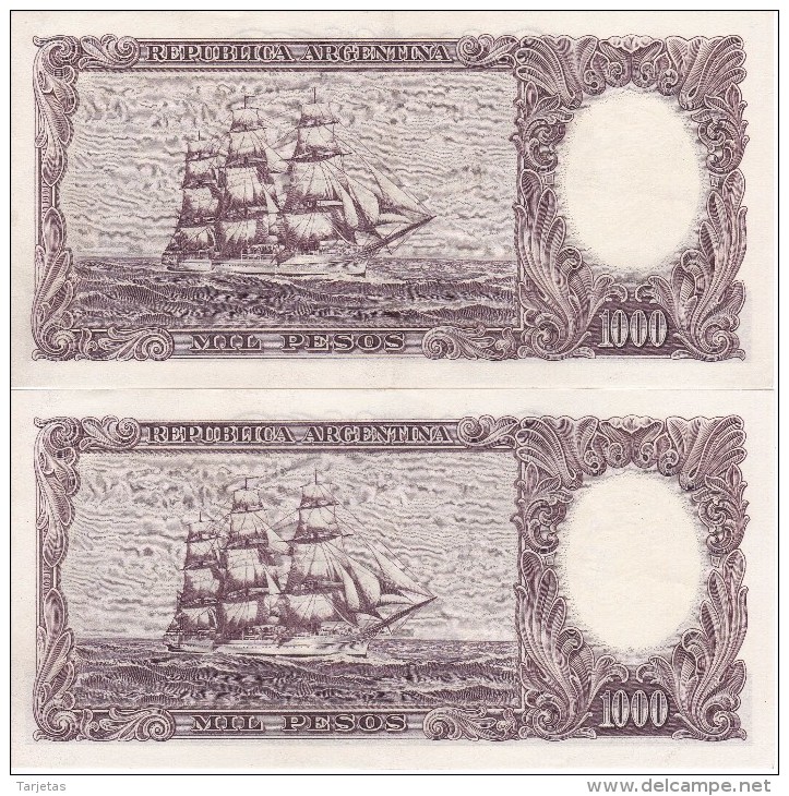 PAREJA CORRELATIVA DE 1000 PESOS AÑOS 1955 A 1965 EN CALIDAD EBC (XF)  (BANKNOTE) DIFERENTES FIRMAS (BARCO-SHIP) - Argentina