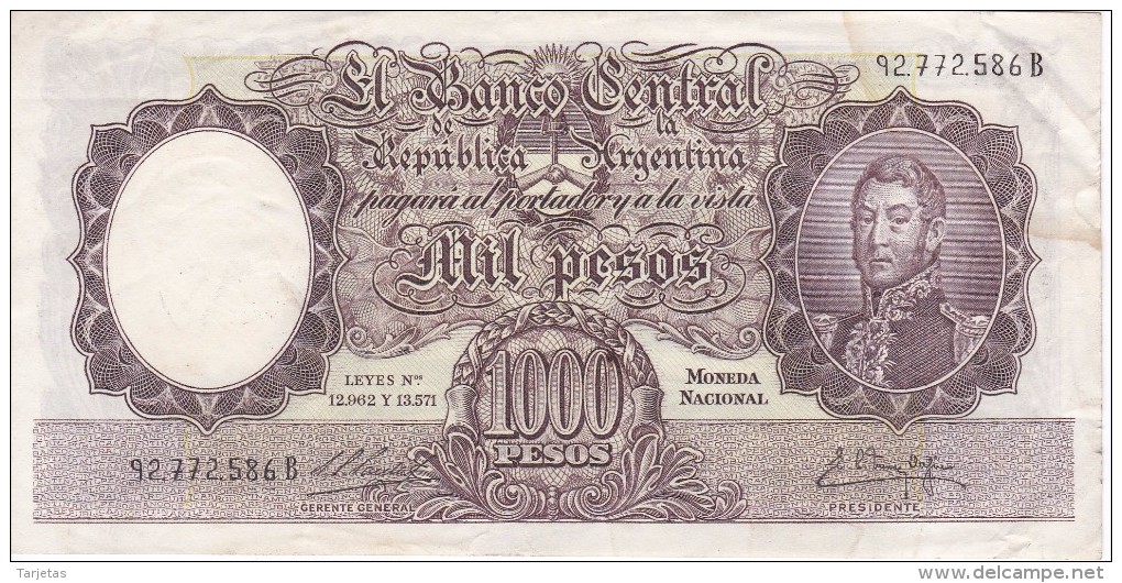 BILLETE DE ARGENTINA DE 1000 PESOS AÑOS 1955 A 1965 EN CALIDAD MBC (VF)  (BANKNOTE) DIFERENTES FIRMAS (BARCO-SHIP) - Argentina