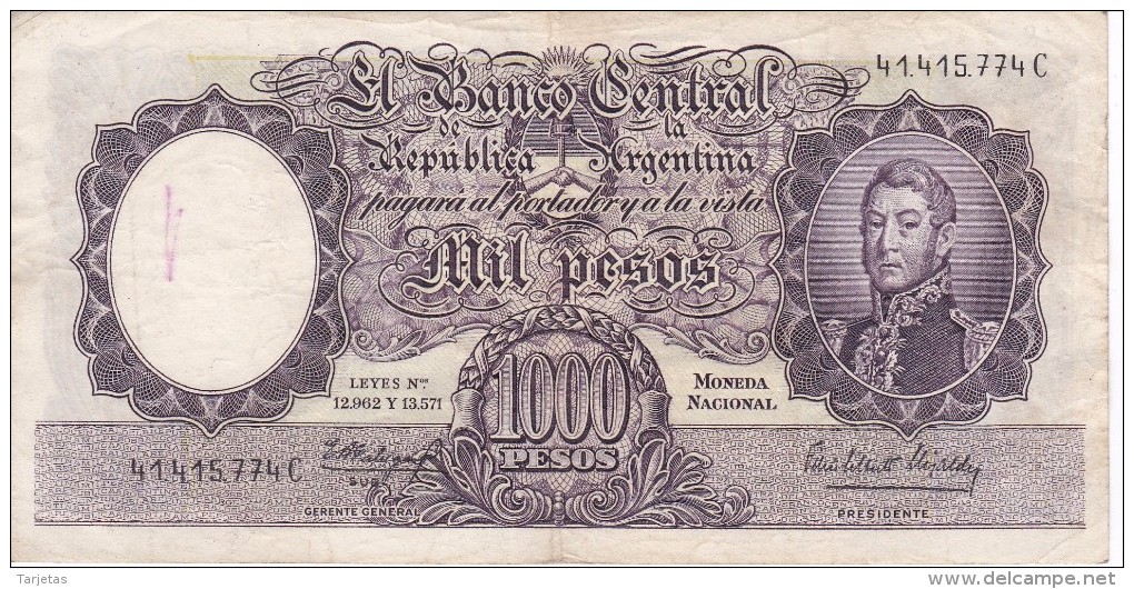 BILLETE DE ARGENTINA DE 1000 PESOS AÑOS 1955 A 1965 EN CALIDAD MBC (VF)  (BANKNOTE) DIFERENTES FIRMAS (BARCO-SHIP) - Argentina