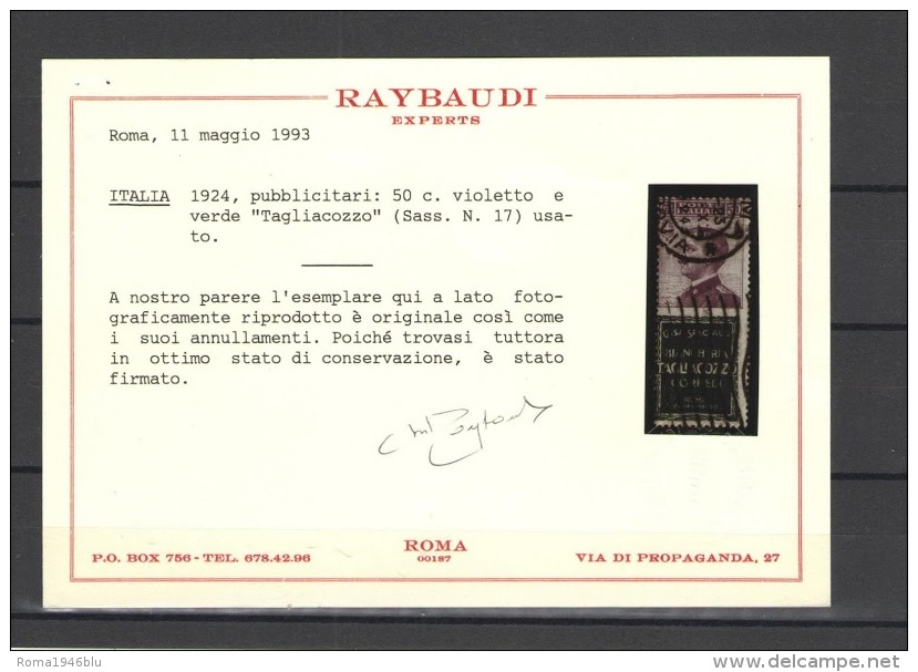 REGNO 1924 PUBBLICITARIO 50 C.TAGLIACOZZO ANNULLATO OTTIMO STATO CERT. RAYBAUDI - Pubblicitari