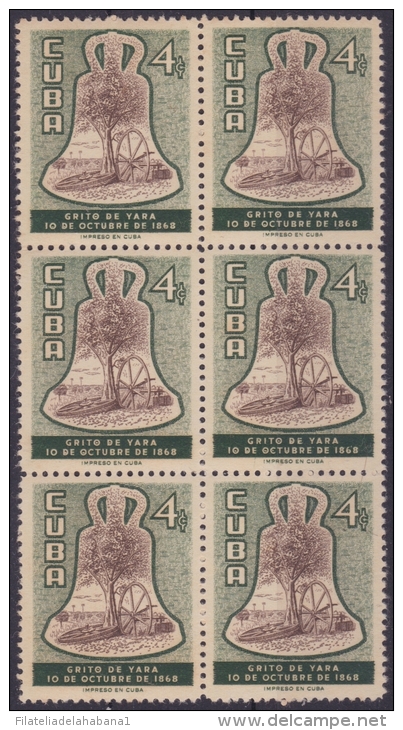 1956-171 CUBA REPUBLICA. 1956. Ed.576 CAMPANA DE LA DEMAJAGUA. BLOCK 6 LIGERAS MANCHAS. - Ungebraucht