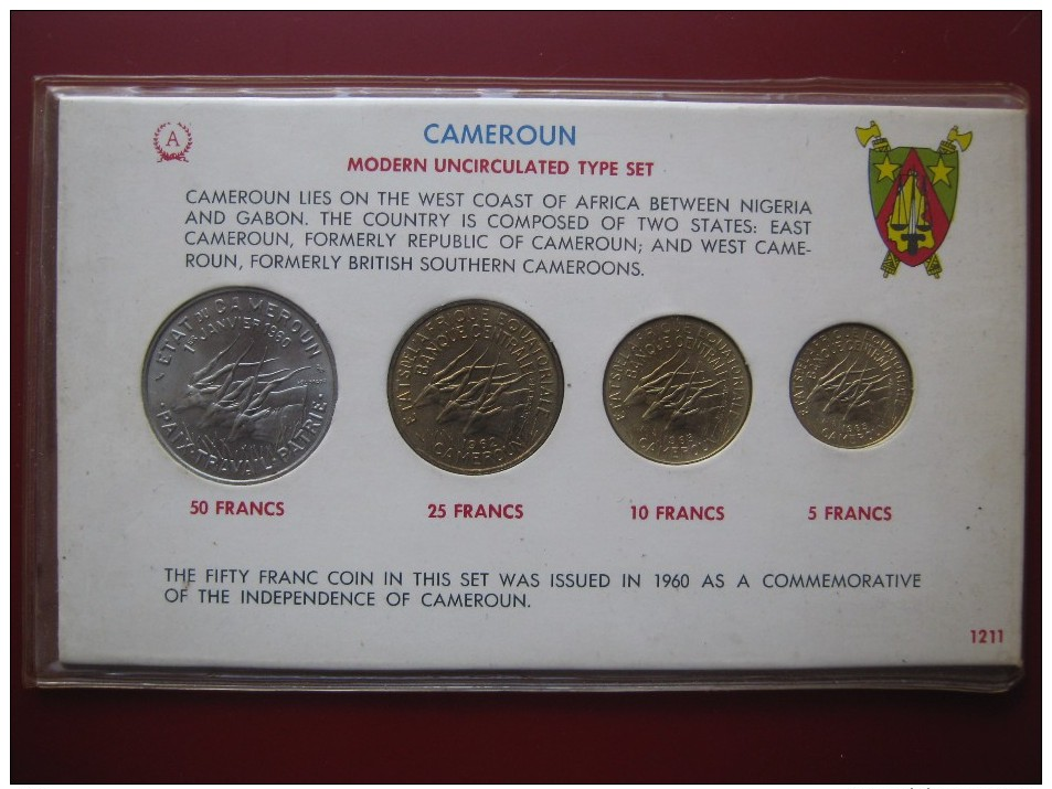 Cameroun Cameroon 1960 -s 5 10 25 50 Francs 4 Coin UNC Modern Type Set In Card With Info - Cameroun