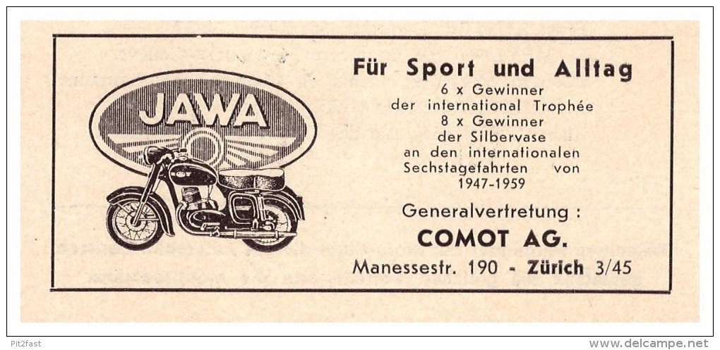 Werbung / Reklame - JAWA , COMOT AG In Zürich 1961 , Motorrad , Anzeige !!! - Motorräder