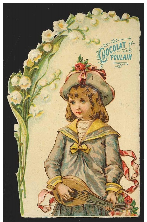 Chromo En Relief Chocolat POULAIN - Jeune Fille, Mandoline Et Muguet - Poulain