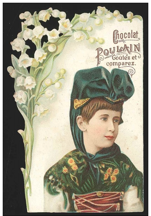 Chromo En Relief Chocolat POULAIN - Portrait De Jeune Fille En Costume Et Muguets - Poulain