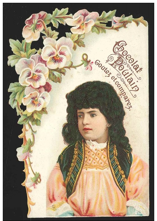 Chromo En Relief Chocolat POULAIN - Portrait De Jeune Fille En Costume Et Fleurs - Poulain