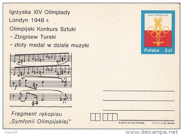 LONDON'48 OLYMPIC GAMES,OLYMPIC SYMPHONY, PC STATIONERY, ENTIER POSTAL, 1980, POLAND - Summer 1948: London