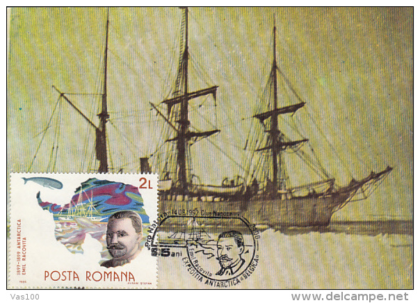 BELGICA ANTARCTIC EXPEDITION, EMIL RACOVITA, SHIP, CM, MAXICARD, CARTES MAXIMUM, 1992, ROMANIA - Antarktis-Expeditionen