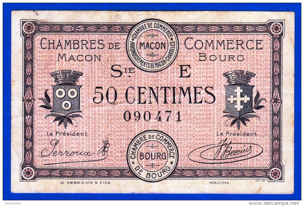 BON - BILLET -  MONNAIE - 27 AVRIL 1920 CHAMBRE DE COMMERCE 50 CENTIMES MACON BOURG CHAROLLES 71000 N° 090471 SERIE E - Bonos