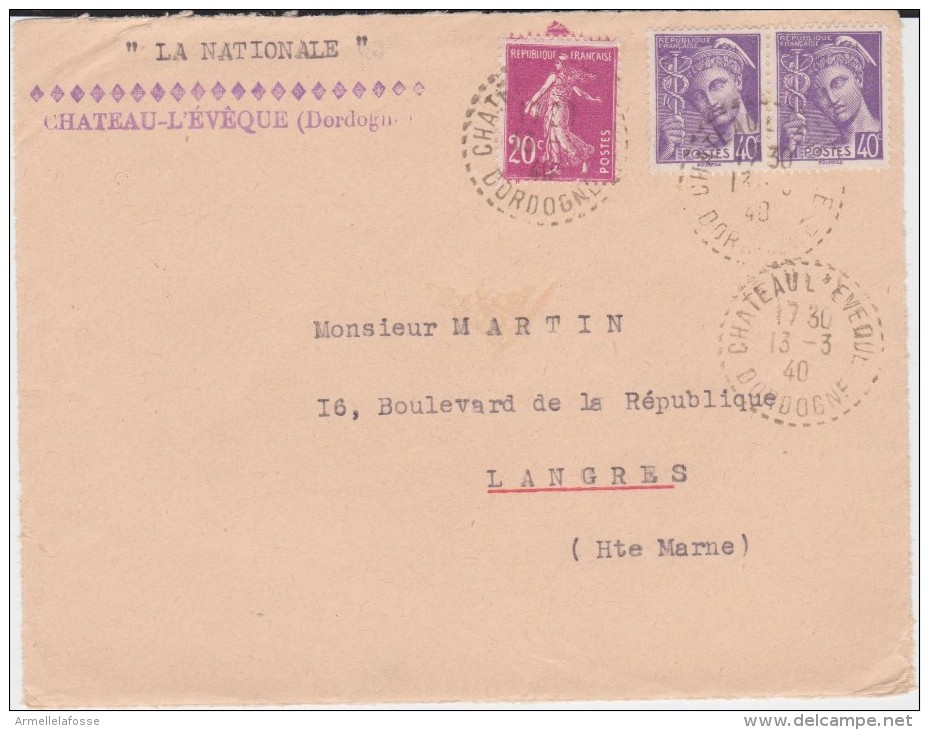 Oblitération Manuelle Château L´Evêque (Dordogne)  B4 190/413X2 De 1940 - Handstempel