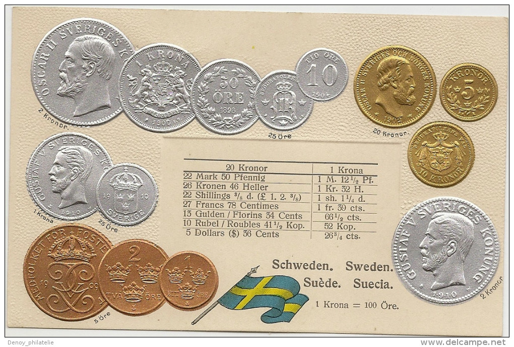 Carte Postale Serie HSM Gauffrée Representant Monaie Et Tableau De Change. Schwweden - Sweden - Suede Suecia - Monnaies (représentations)