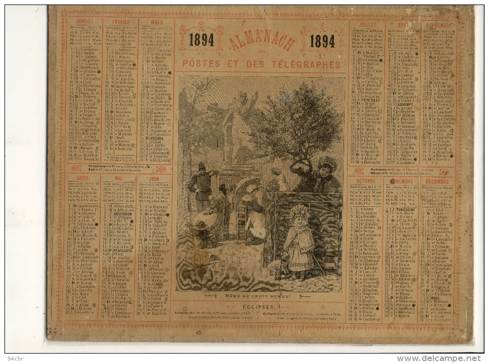 CALENDRIER  DES POSTES  1894 (bebe Se Croit Perdu) - Groot Formaat: ...-1900