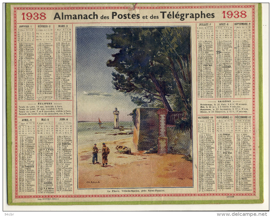 CALENDRIER  DES POSTES      1938  (le Phare De Ville Es Martin Pres St Nazaire ) - Grand Format : 1921-40