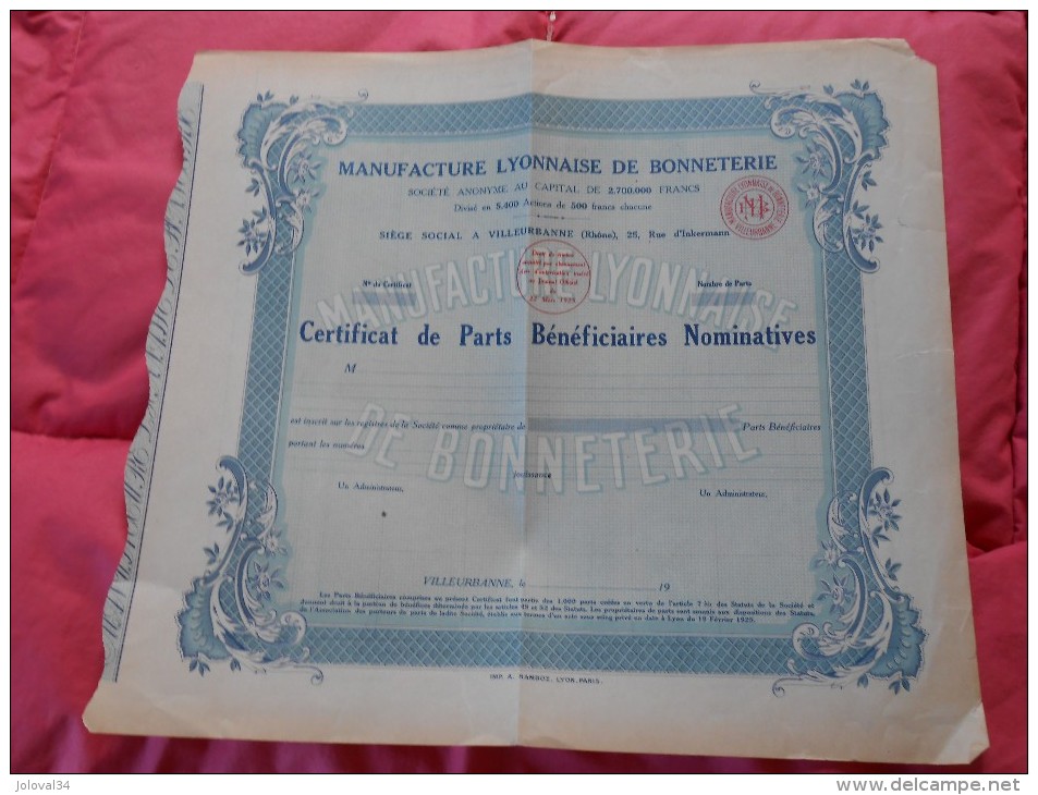 Certificat Part Bénéficiaire Manufacture Lyonnaise De Bonneterie VILLEURBANNE Rhône - Industrie