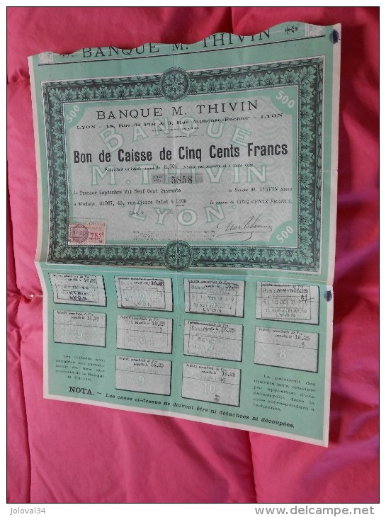 Bon De Caisse De 500 Francs Banque M THIVIN  Lyon - Timbre Fiscal 1936 - Banque & Assurance