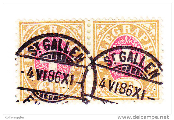 Heimat SG ST GALLEN 4.6.1886 Vollstempel Auf  Waagrechtes Paar 3Fr. Telegraphen Marke #18 - Télégraphe