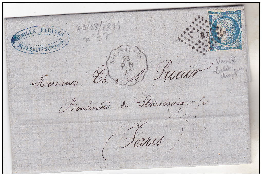 1871.Lettre Du 23.08 De Rivesaltes Pour Paris, Tp N°37 Avec Belle Variété,oblit Convoyeur Station. Bel Ensemble Complet - Poste Ferroviaire