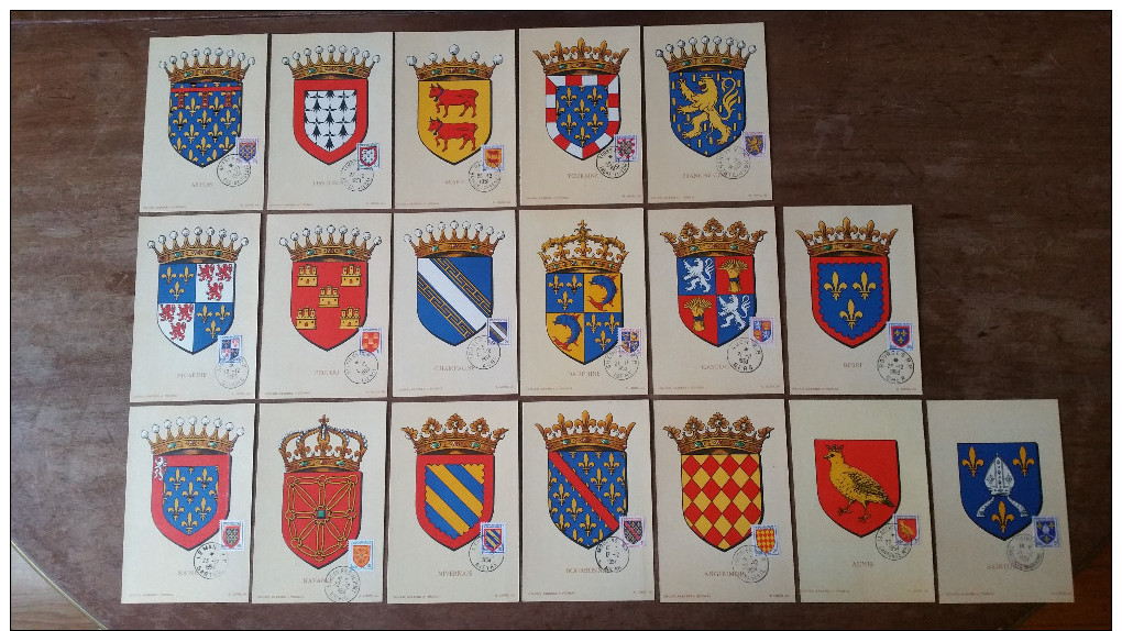 18 CARTES SERIE COMPLETE ARMOIRIES DE PROVINCE 1951 1953 1954 CARTE MAXIMUM CARD /FREE SHIPPING REGISTERED - 1950-1959