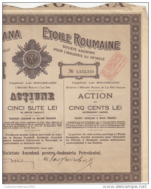 3781FM- ROMANIAN STAR- OIL COMPANY, SHARE OF 500 LEI, CUPONS, 1926, ROMANIA - Aardolie