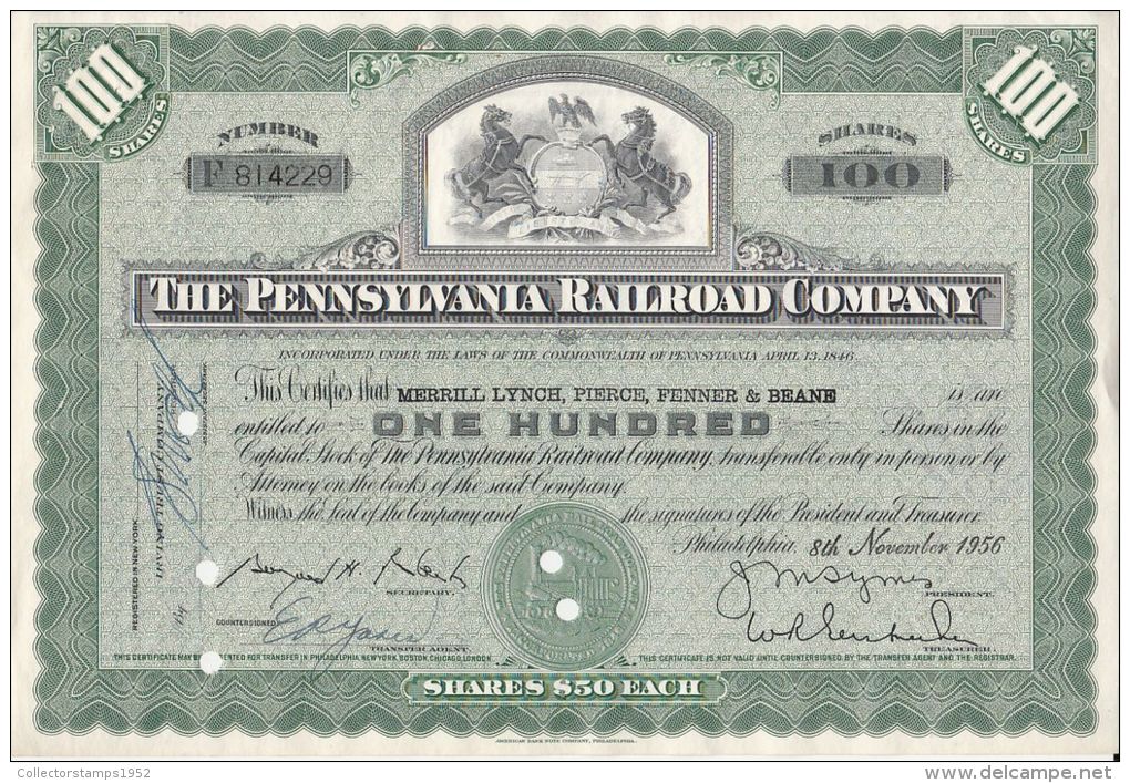 3784FM- PENNSYLVANIA RAILROAD COMPANY, SHARE CERTIFICATE FOR 100 SHARES, 1956, USA - Chemin De Fer & Tramway