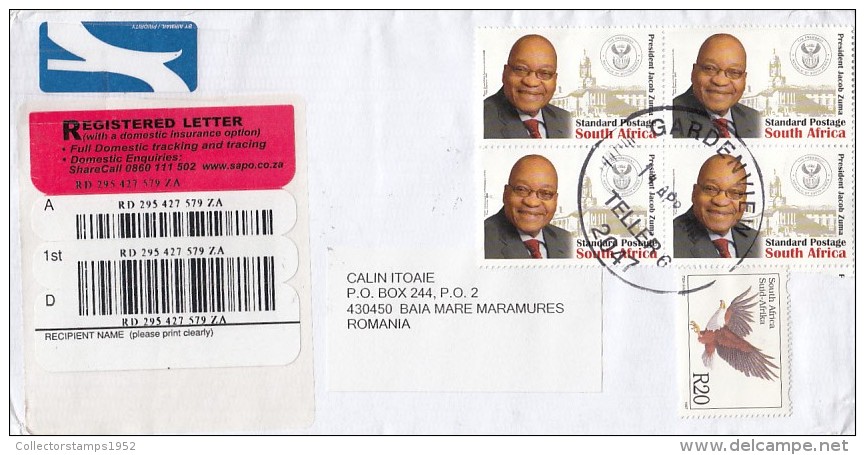 3786FM- PRESIDENT JACOB ZUMA, FISH EAGLE, STAMPS ON REGISTERED COVER, 2010, SOUTH AFRICA - Briefe U. Dokumente