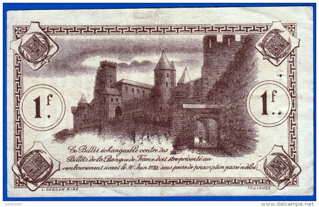 BON - BILLET - MONNAIE - 1 FRANC 2 MARS 1920 CHAMBRE DE COMMERCE DE CARCASSONNE 11000 AUBE N° 549547 JUSQU'EN 1923 - Chambre De Commerce