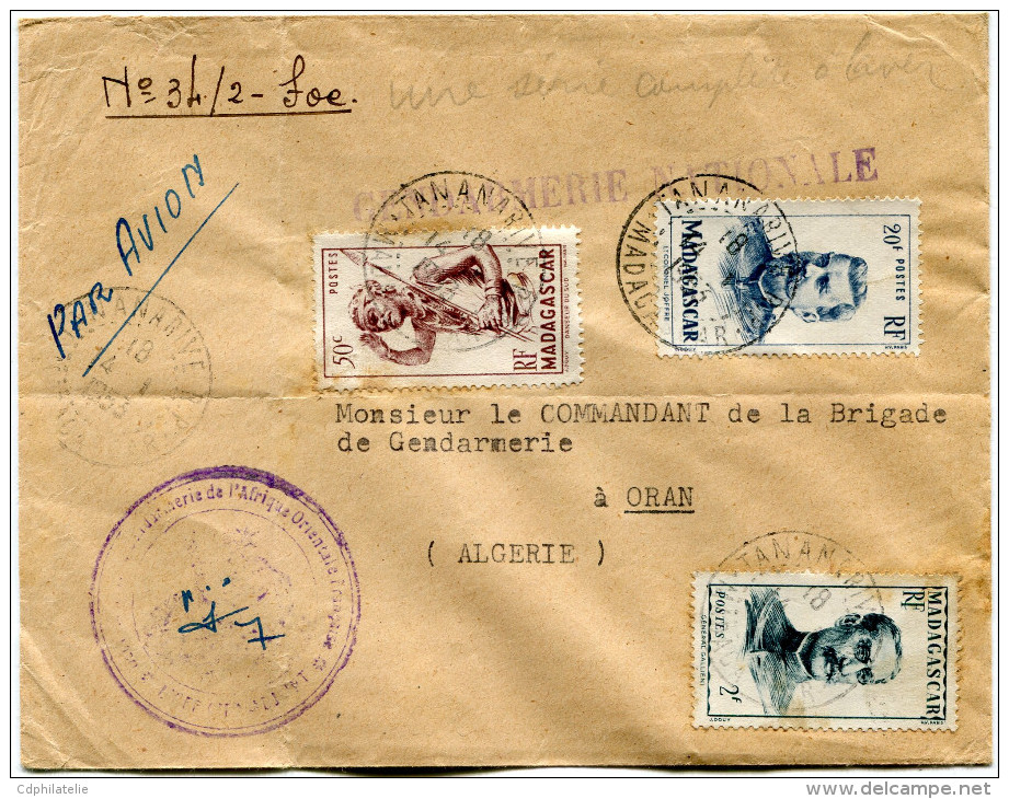 MADAGASCAR LETTRE PAR AVION AVEC GRIFFE "GENDARMERIE NATIONALE" DEPART TANANARIVE 14-1-1953 POUR L´ALGERIE - Lettres & Documents