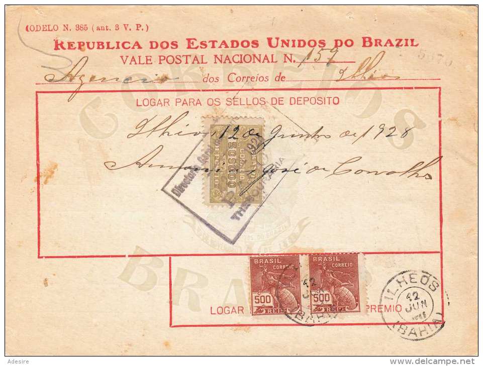 BRASILIEN 1928 - Sehr Seltene 50$000 + 2x500 Reis Frankierung Auf (Paketkarte?) Beleg Gel.v.Brazil > - Briefe U. Dokumente