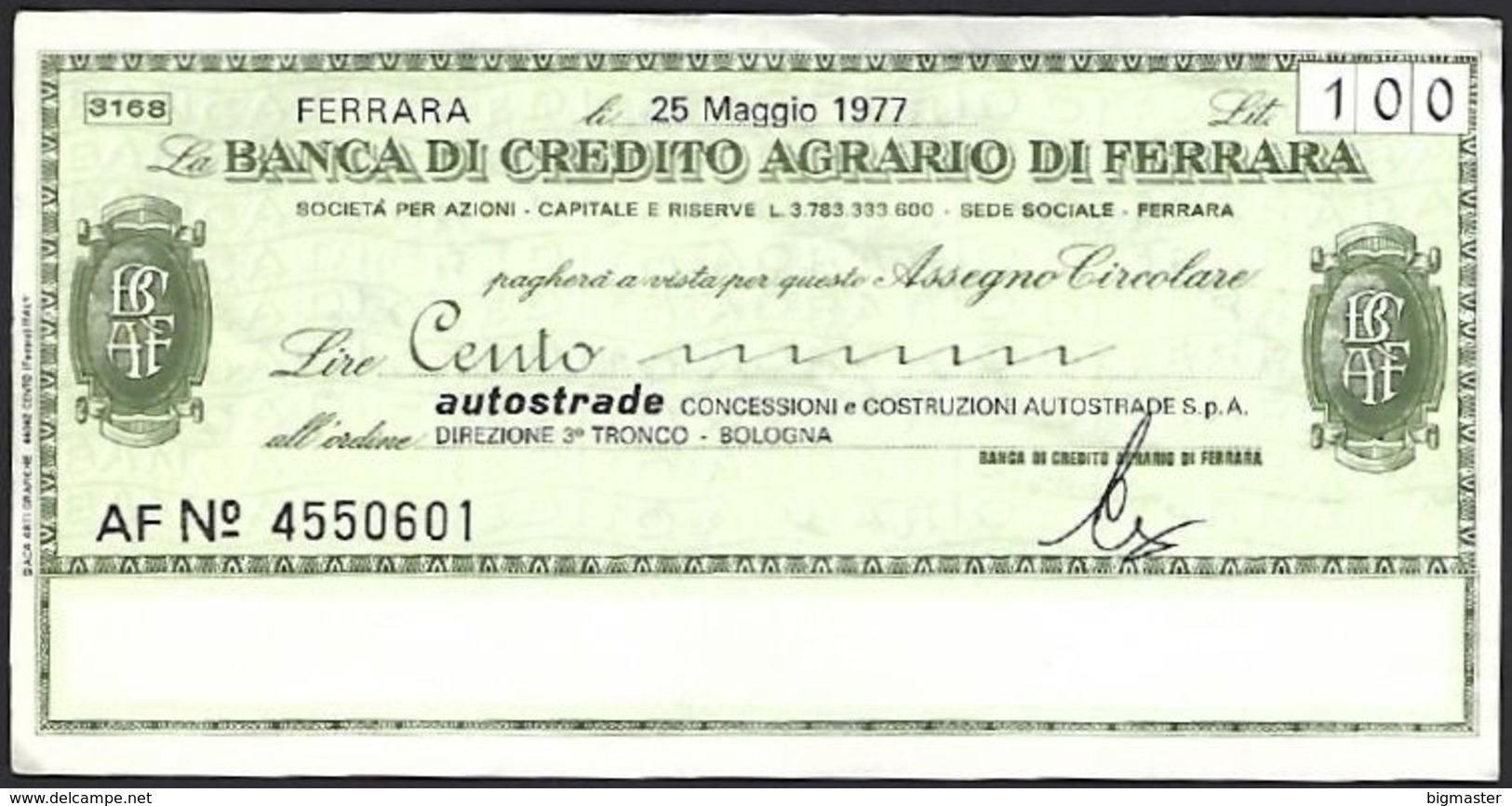 Mini Assegno Banca Di Credito Agrario Ferrara  £ 100 - [10] Cheques Y Mini-cheques