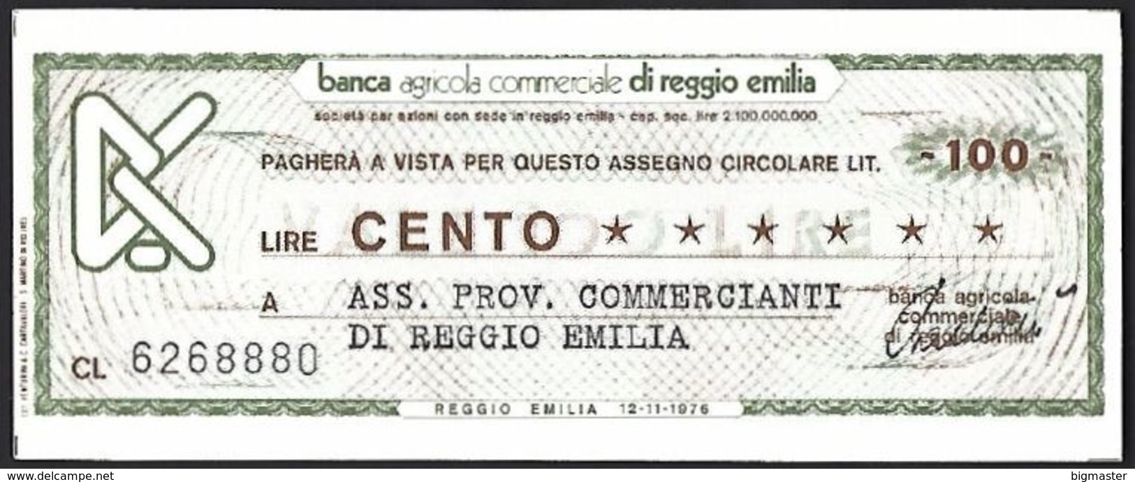 Mini Assegno Banca Agricola Commerciale Di Reggio Emilia £ 100 FDS - [10] Assegni E Miniassegni