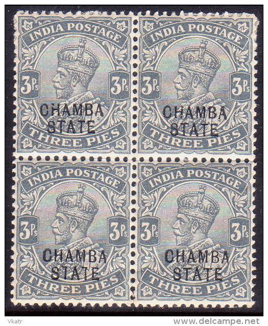 INDIA CHAMBA 1913 SG #43 3p In A Block Of 4 MH Wmk Single Star - Chamba