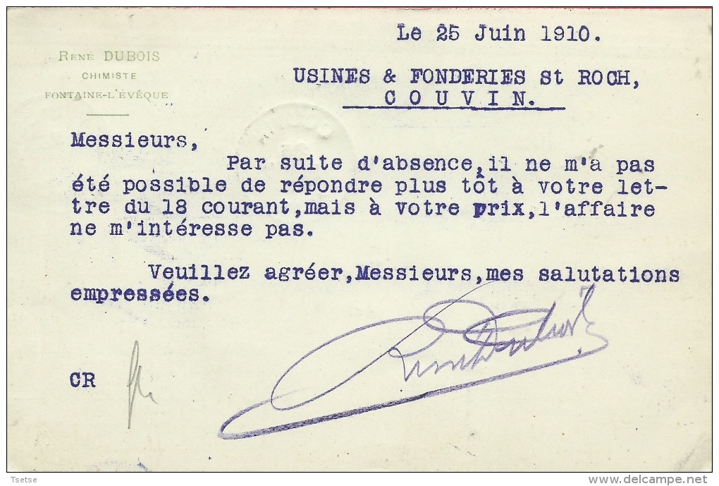 Fontaine-L'Evêque - Fabrique Du Produits Chimiques - René Dubois, Chimiste - 1910 ( Voir Verso ) - Fontaine-l'Evêque