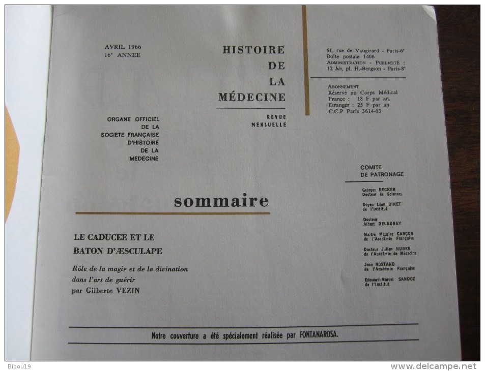 HISTOIRE DE LA MEDECINE ORGANE OFFICIEL DE SOCIETE FRANCAISE D HISTOIRE DE LA MEDECINE  AVRIL  1966 - Medicina & Salud