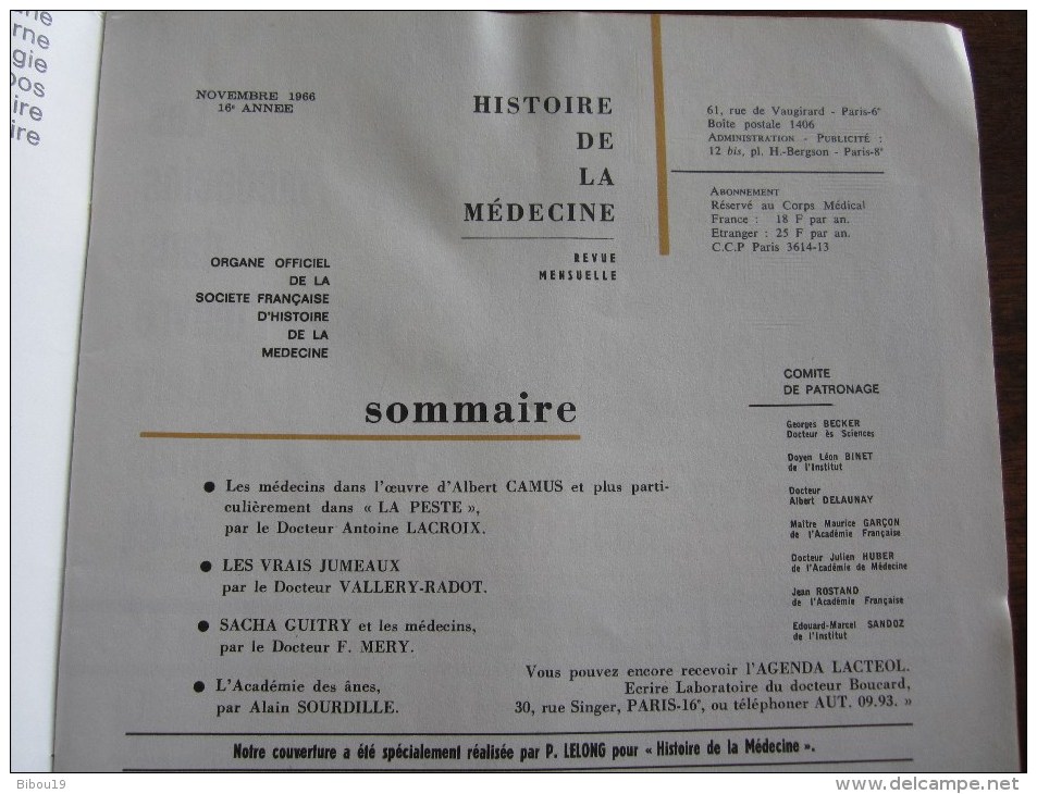 HISTOIRE DE LA MEDECINE ORGANE OFFICIEL DE LA SOCIETE FRANCAISE D HISTOIRE DE LA MEDECINE  NOVEMBRE 1966 - Medicina & Salud