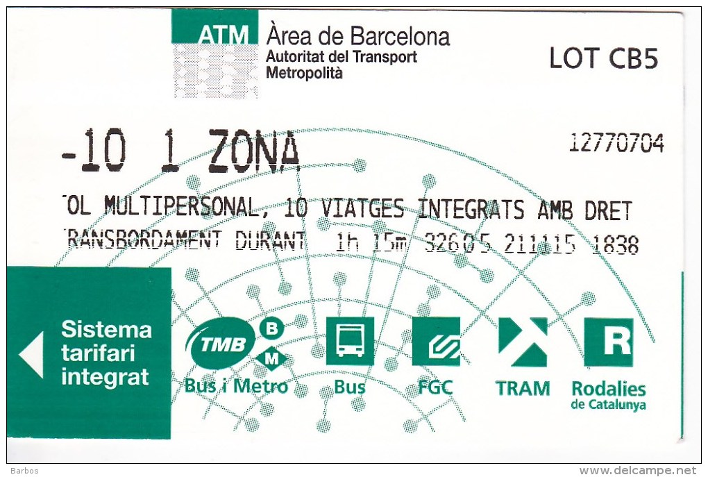 Spain , Barcelona   , Metro - Bus  - Autobus - Tram  Ticket  , 2015 - Europa