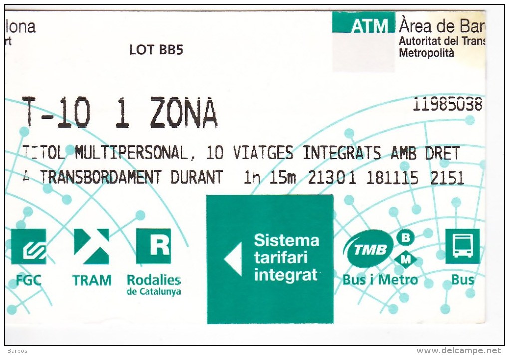 Spain , Barcelona   , Metro - Bus  - Autobus - Tram  Ticket  , 2015 - Europa