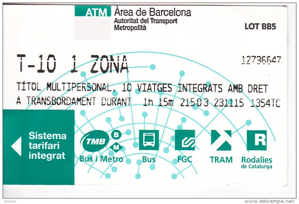 Spain , Barcelona   , Metro - Bus  - Autobus - Tram  Ticket  , 2015 - Europe