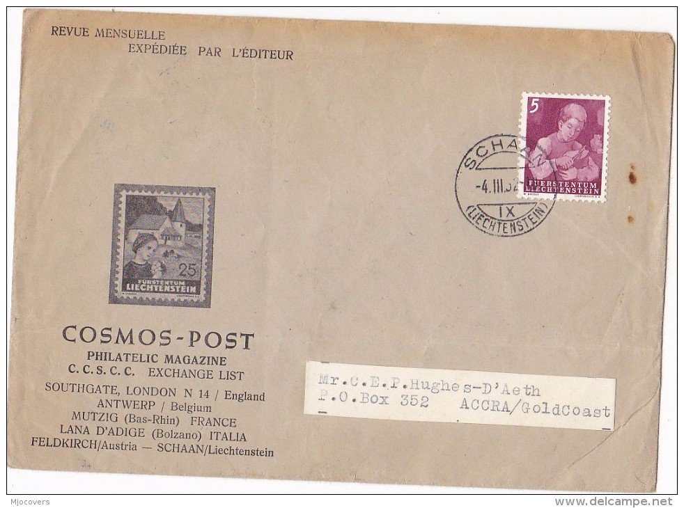 1952 Schaan LIECHTENSTEIN Stamps COVER Illus AVDERT ´ COSMOS POST ´ PHILATELIC MAGAZINE - Covers & Documents