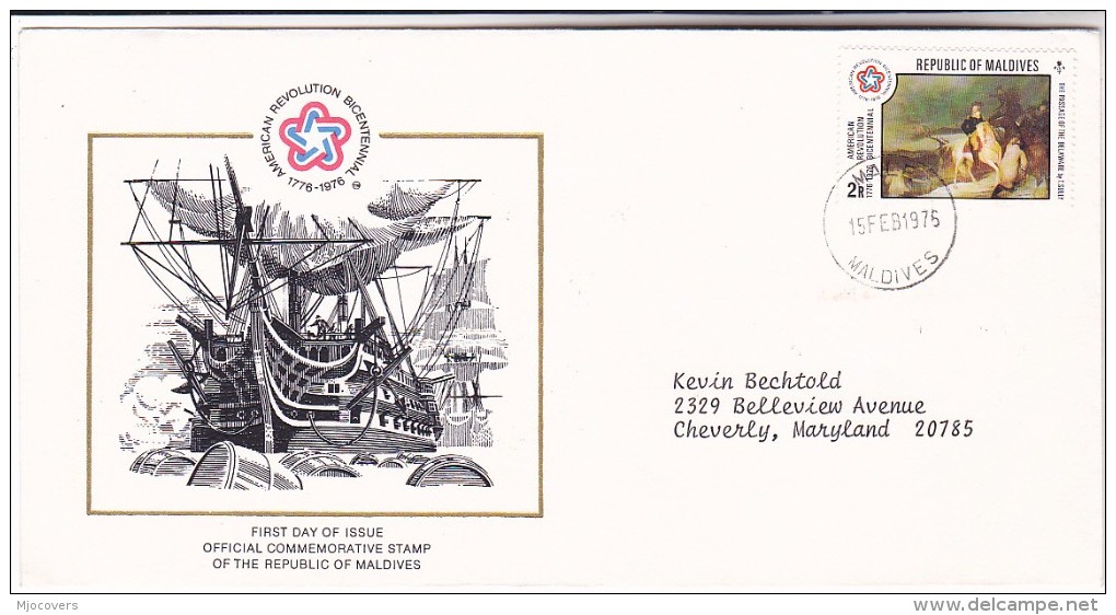 1975 MALDIVES FDC The DELAWARE SAILING SHIP, HORSE, US BICENTENNIAL ART  Stamps Horses Cover - Ships