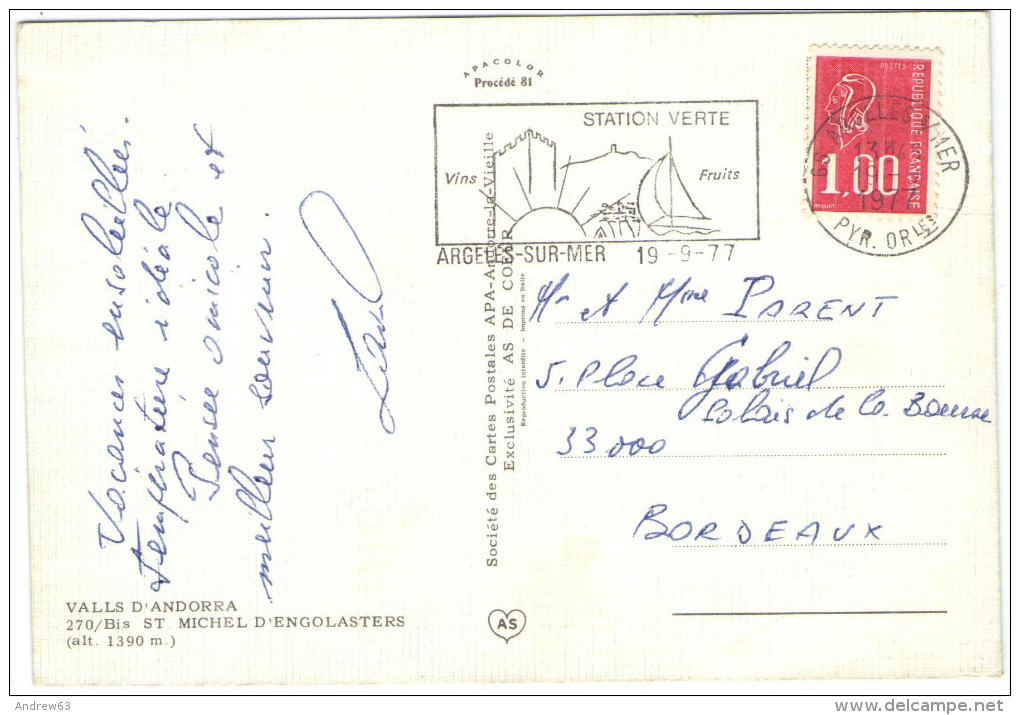 FRANCIA - France - 1977 - 1,00F + Flamme Station Verte, Vins, Fruits - Valls D´Andorra - St. Michel D´Engolasters - V... - Andorra