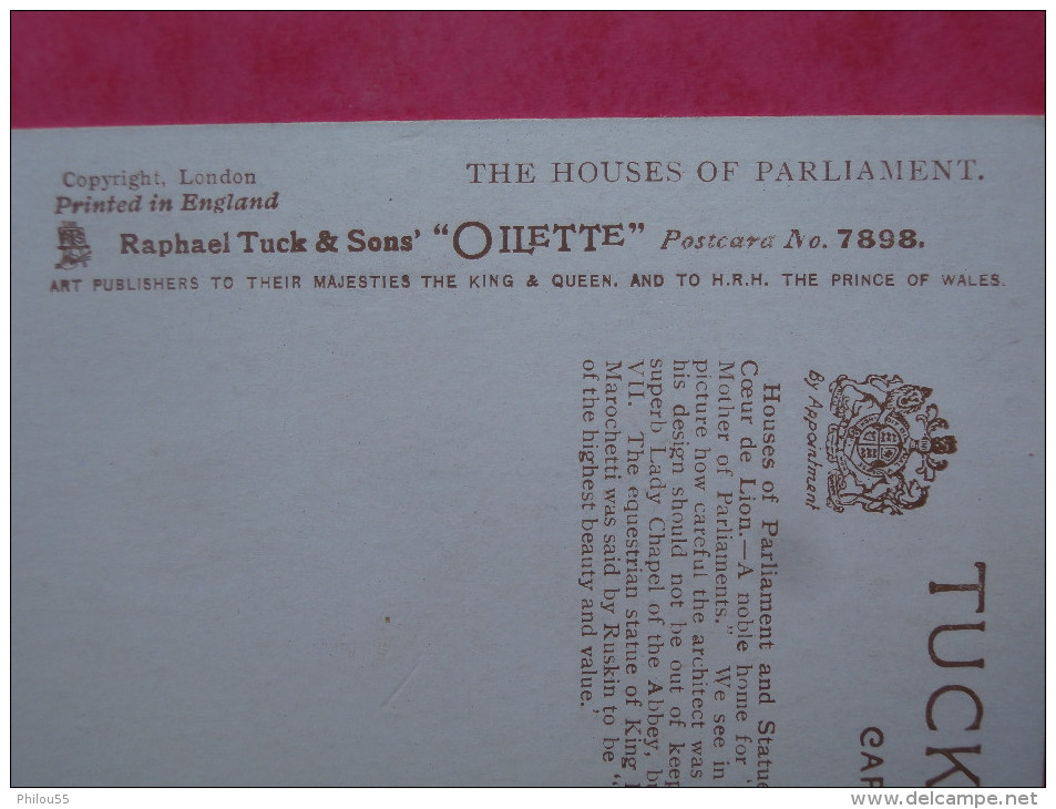 Cpa London THE HOUSES OF PARLIAMENT N° 7898  Raphael TUCK   Signee - Tuck, Raphael