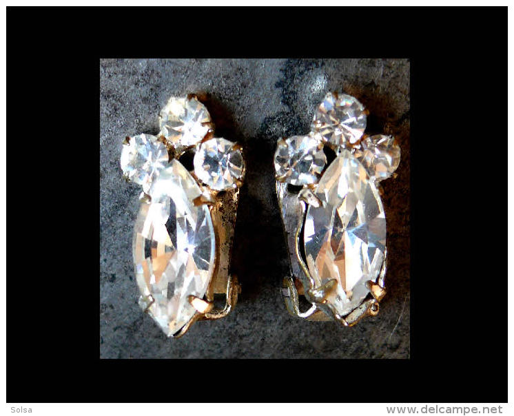 Anciennes Boucles Clips En Strass Des Années 50/ French Costume Jewellerystrass White Earrings - Boucles D'oreilles