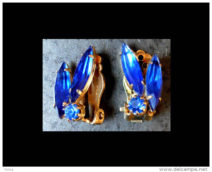 Anciennes Boucles Clips En Strass Des Années 40/ Old French Costume Jewellerystrass Blue Earrings - Orecchini