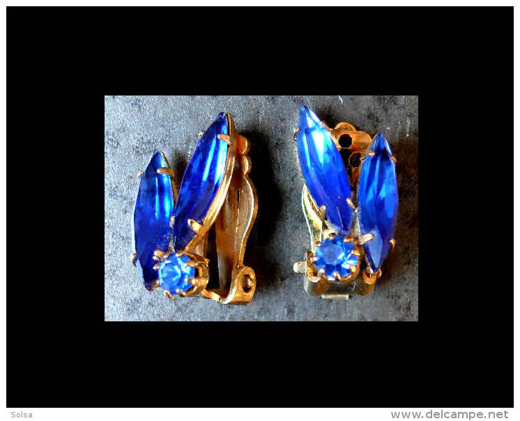 Anciennes Boucles Clips En Strass Des Années 40/ Old French Costume Jewellerystrass Blue Earrings - Boucles D'oreilles