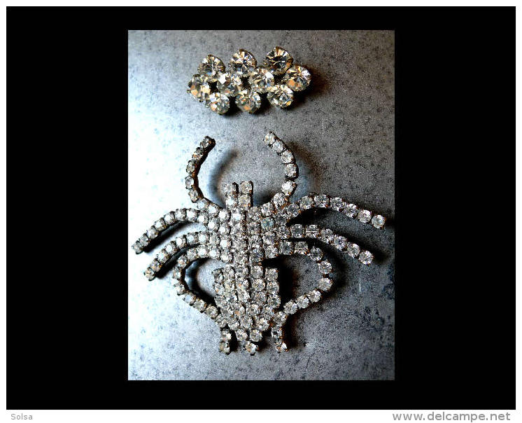 Très Bel Ensemble De 2 Anciennes Broches En Strass Dont Une Araignée/ Old French Costume Jewellery Broaches 1 Spider - Broches