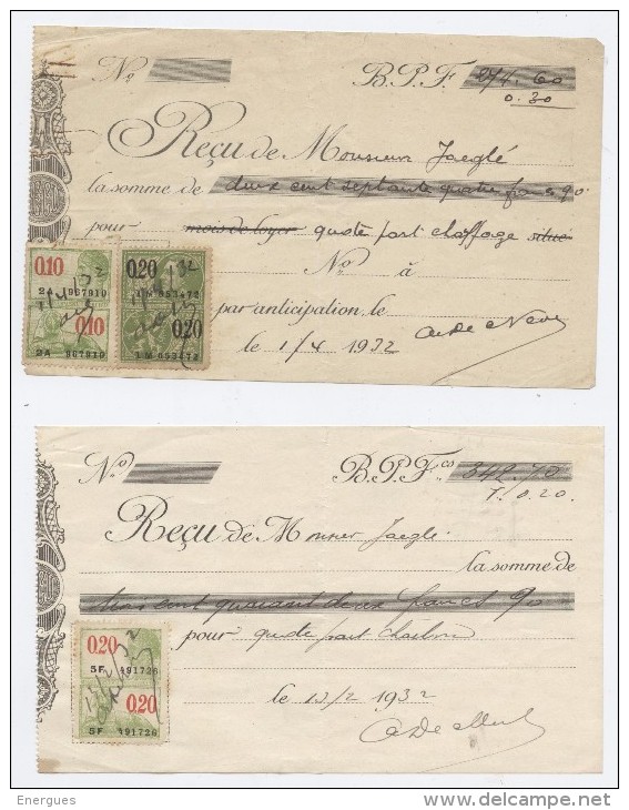 Belgique, Belgie, 1932, 2 Documents, Taxes Fiscales, Timbres Fiscaux, 0,10, 2A,5F, 0,20 ,lion, Reçu, ,chauffage, Charbon - Documents