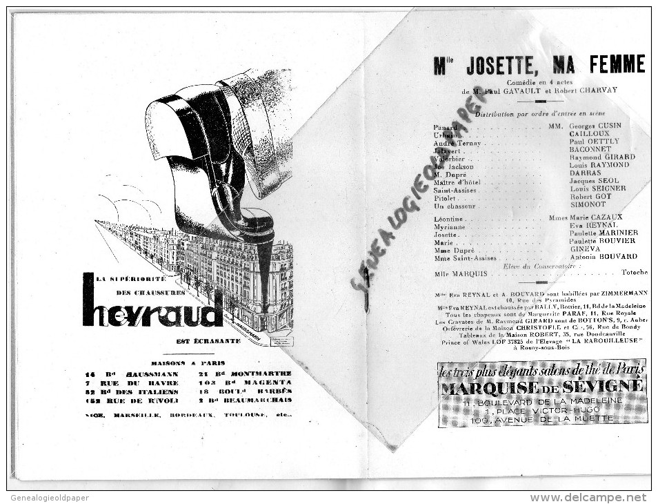 75 - PARIS - PROGRAMME THEATRE NATIONAL DE L' ODEON- DIR- GEMIER ET PAUL ABRAM-MLLE JOSETTE MA FEMME- GAVAULT-CHARVAY- - Programs