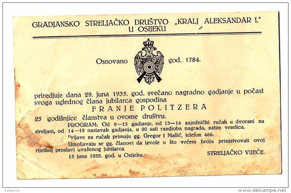 GRADJANSKO STRELJACKO DRUSTVO KRALJ ALEKSANDAR OSIJEK POZIVNICA, INVITATION 1935 SHOOTING CLUB RRARE - Bogenschiessen