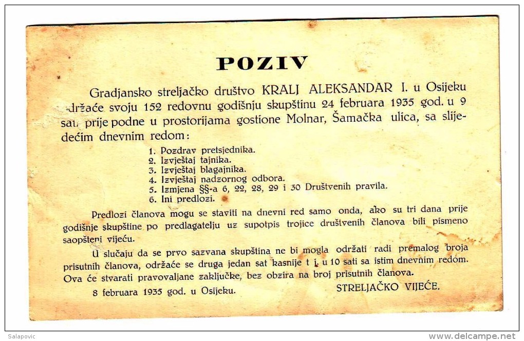 GRADJANSKO STRELJACKO DRUSTVO KRALJ ALEKSANDAR OSIJEK POZIVNICA, INVITATION 1935 SHOOTING CLUB RRARE - Archery