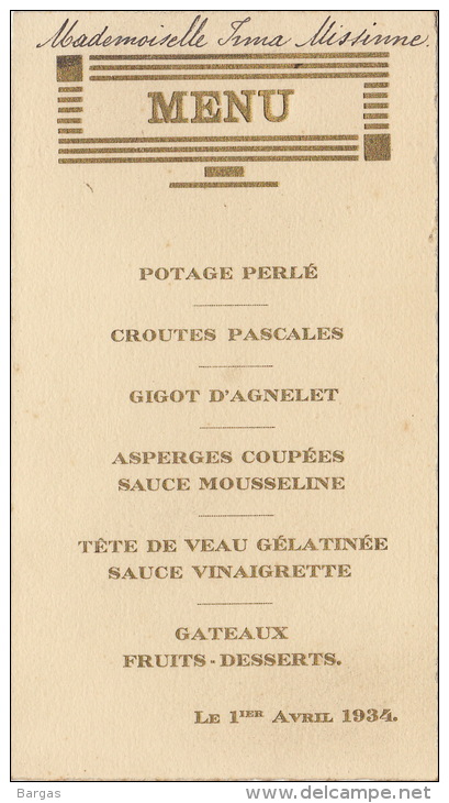 Menu 1 Avril 1934 Missinne - Menus